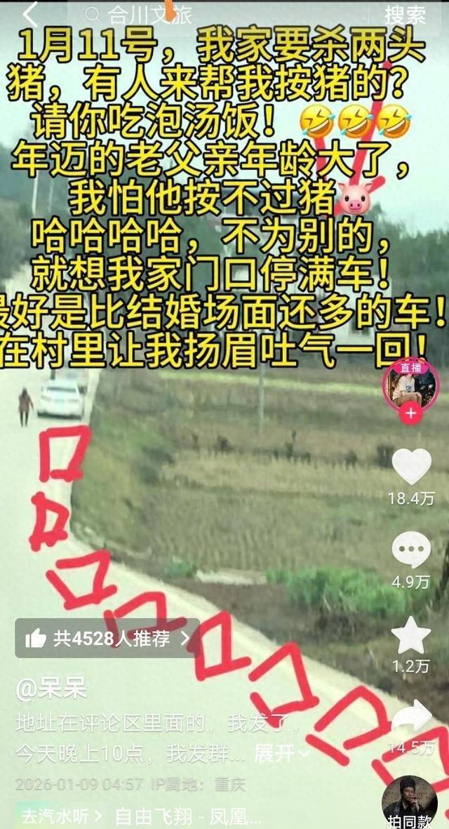 皇冠代理注册_重庆合川请大家吃杀猪饭的女子三天涨粉超56万皇冠代理注册，当地文旅连夜召开复盘会